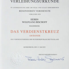 Verleihungsurkunde für Wolfgang Bischoff